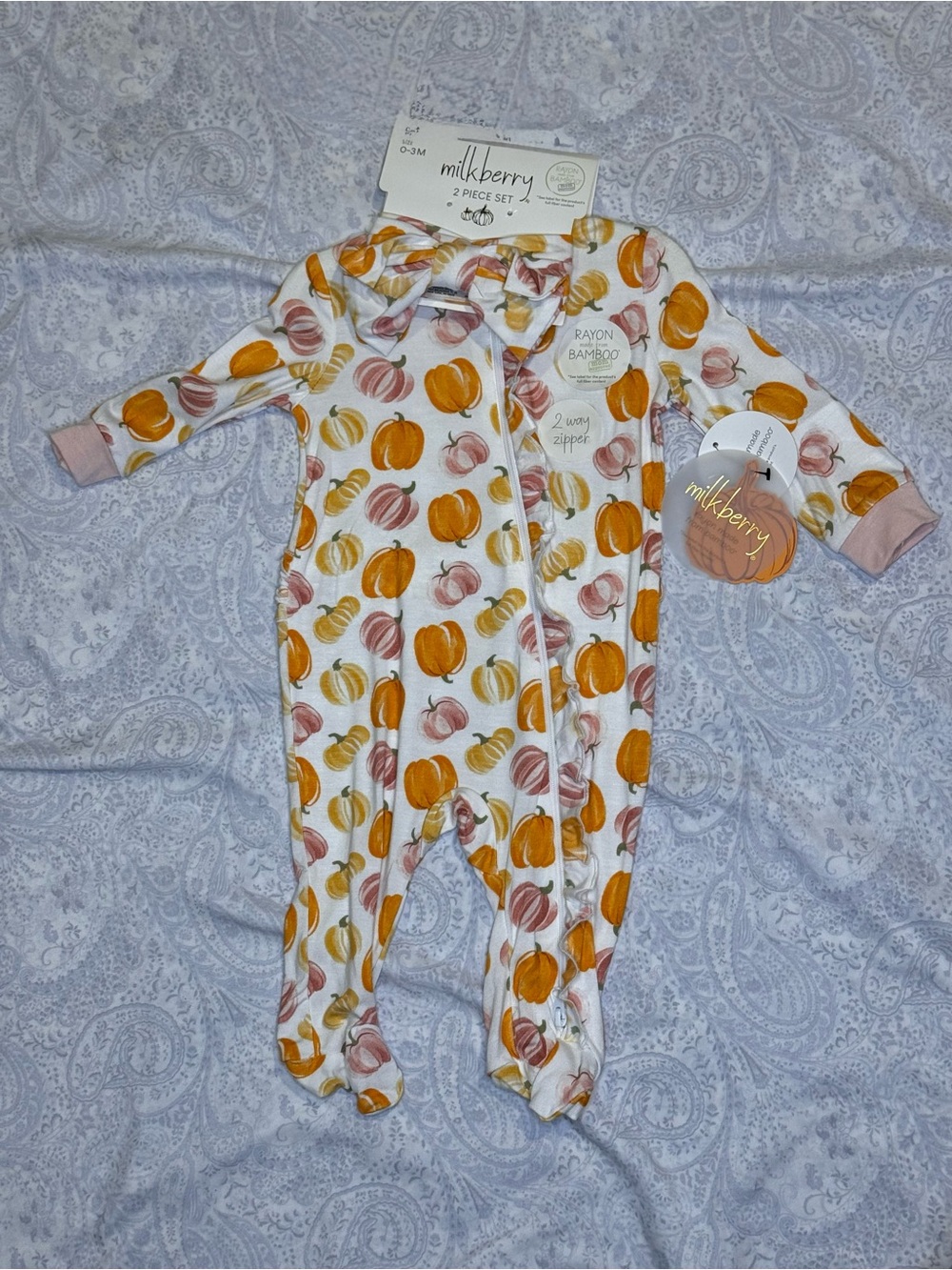 Milkberry Pumpkin-Print Footed One-Piece 2 way Zip Sleeper and Headband